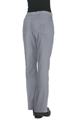 A pair of grey pants with a pocket at the back, featuring a logo on the waistband.
