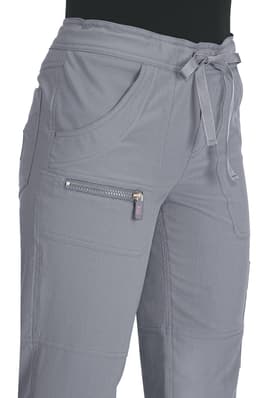 A pair of grey pants with side pockets and a tie waist, featuring a zippered pocket on one side.