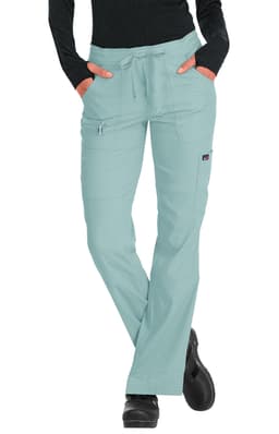 A pair of light teal pants with pockets and a drawstring waist, featuring a logo on the side.