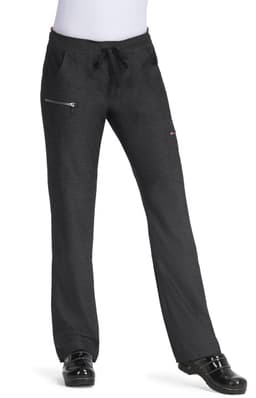 A pair of black pants with pockets and a drawstring waist, featuring a logo.