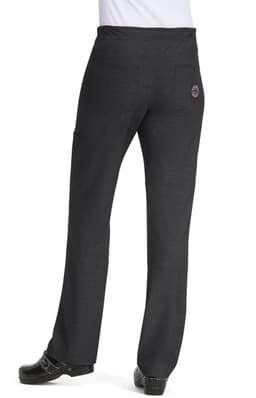 A pair of grey pants with a back view displaying a logo, featuring a straight leg design.