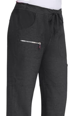 A pair of black peace pants featuring a drawstring waistband and zippered pocket. The fabric has a textured appearance.