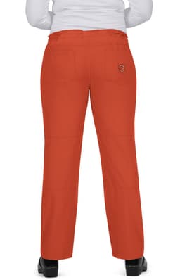 Bright orange pants with a logo on the back pocket, featuring a straight leg design and side pockets.