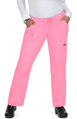 Bright pink pants with a drawstring waist and pockets, featuring a logo on the side.