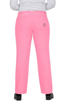 A pair of bright pink pants with a logo, viewed from the back, featuring a relaxed fit and straight legs.