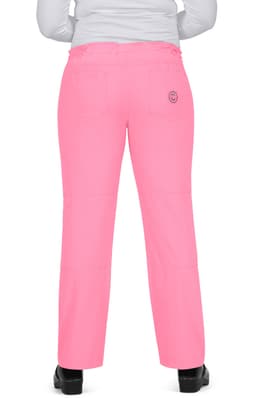 A pair of bright pink pants with a logo, viewed from the back, featuring a relaxed fit and straight legs.