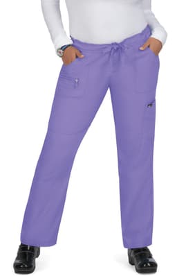 A pair of purple pants with pockets and a drawstring waist, worn by a person standing with hands in pockets.