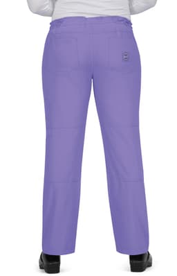 Purple pants with a relaxed fit, featuring pockets and a logo on the back.