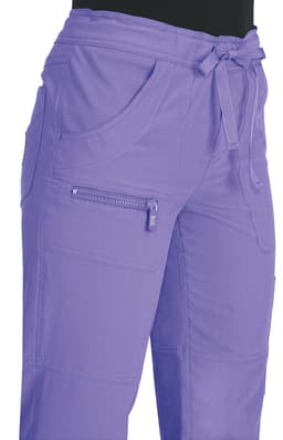 A pair of purple pants with pockets and a drawstring waist, featuring a logo on the side.