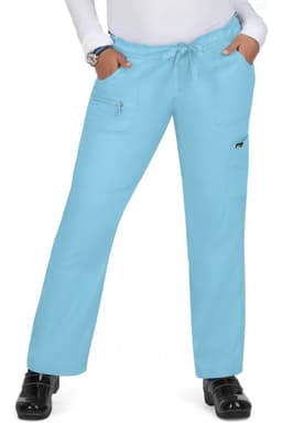 A pair of light blue scrub pants with multiple pockets and an elastic drawstring waist, featuring a logo.