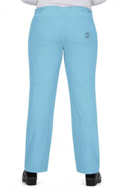 Light blue pants featuring a logo and two back pockets, viewed from the back.