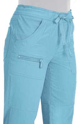 Light blue pants with a tie waist, featuring pockets and a zippered side pocket. The fabric appears soft and comfortable.