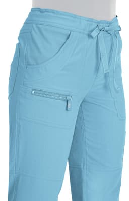 Light blue pants with a tie waist and multiple pockets, featuring a zippered pocket.