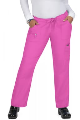 A pair of bright pink pants with pockets, featuring a drawstring waist, worn by a person standing.