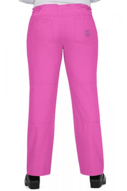 A pair of pink pants with pockets and a logo on the back. Features a straight-leg design.