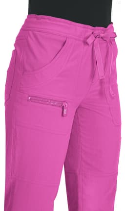 Bright pink pants with a zippered pocket and a tie waist, featuring two side pockets.