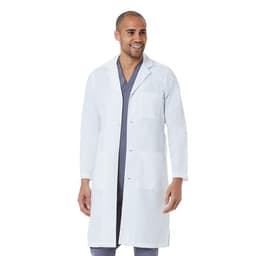 A full-length white lab coat on a smiling man, featuring multiple pockets and a professional design.
