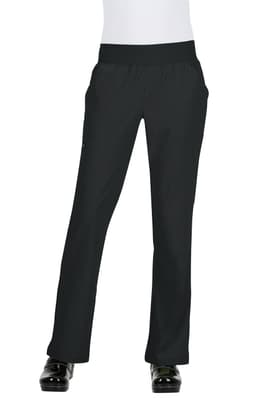 A pair of black pants with a stretchy waistband and two side pockets. The pants have a smooth finish.