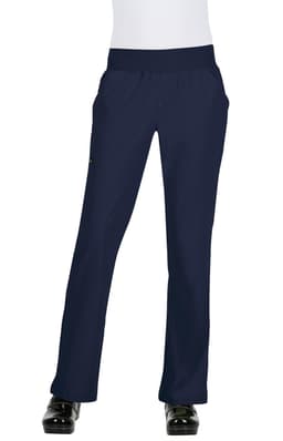 A pair of navy pants featuring a stretchy waist and side pockets, displayed on a plain white mannequin.