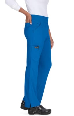 A pair of blue pants with pockets displayed on a model, featuring a comfortable waistband and a logo.