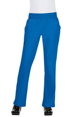 A pair of blue pants with an elastic waistband and side pockets, featuring a logo on the front.