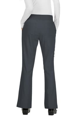 A pair of dark grey pants with a flared leg design, viewed from the back. The image features a person wearing the pants.
