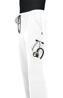 A pair of white jogger pants featuring a side pocket with a stethoscope. The pants have an elastic waistband and drawstring.