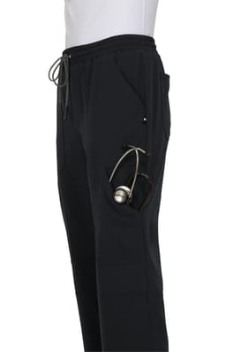 A pair of black jogger pants featuring side pockets and a stethoscope. The pants have a drawstring waistband.