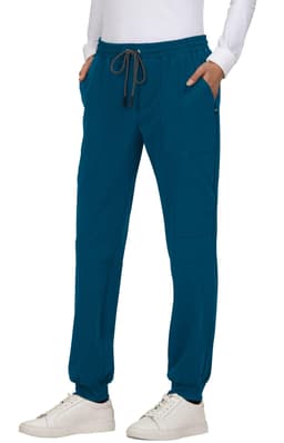 A pair of teal jogger pants with an elastic waistband and side pockets, featuring a logo.