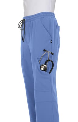 A pair of blue jogger pants with pockets, featuring a stethoscope partially visible in one pocket.