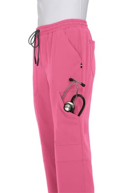 A pair of pink jogger pants with pockets and a stethoscope visible in one pocket.