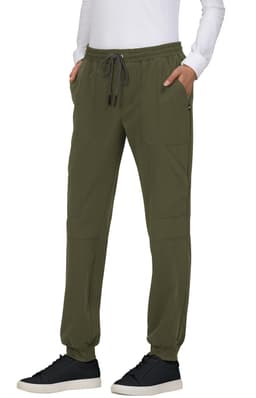 A pair of olive green jogger pants with pockets and a drawstring waist, featuring a logo on the side.
