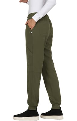 A pair of olive green jogger pants with side pockets, featuring a relaxed fit and elastic waistband.