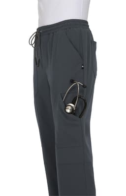 A pair of dark grey jogger pants featuring side pockets, including one with a stethoscope.