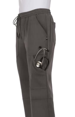 A pair of dark grey jogger pants with pockets, featuring a drawstring waist and a stethoscope clipped to the side.
