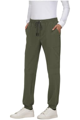 A pair of olive green jogger pants with pockets, featuring an elastic waistband and drawstring. A logo is present.