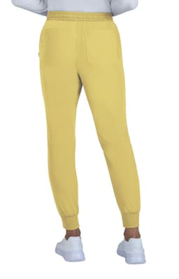 A pair of yellow jogger pants with a fitted cuff, featuring back pockets and a comfortable elastic waistband.