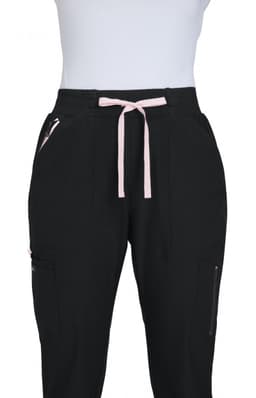 A pair of black joggers featuring pink drawstrings and side pockets, with a fitted design.