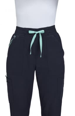 A pair of navy jogger pants featuring a mint green drawstring and multiple pockets. The product has a logo.