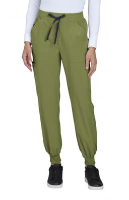 A pair of olive green jogger pants with a drawstring waist and cuffed ankles, featuring side pockets.