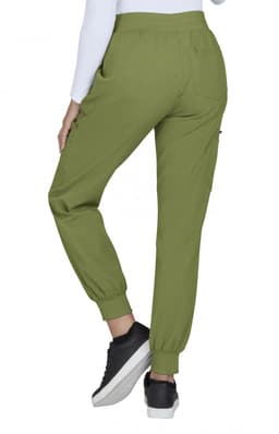 A pair of olive green jogger pants viewed from the back, featuring elastic cuffs and pockets.