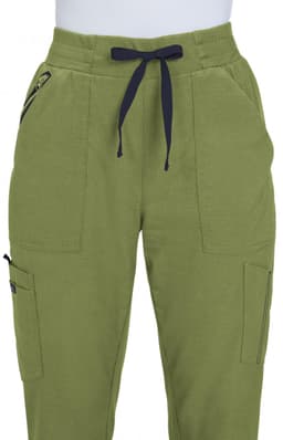 A pair of olive green jogger pants featuring pockets and a drawstring waistband. It has a logo on one side.