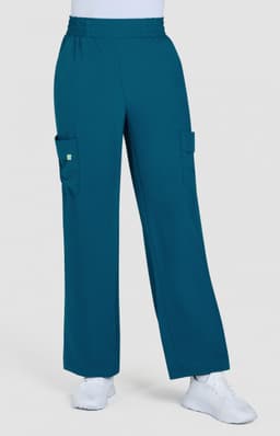 Ayla Pant in teal, featuring a relaxed fit and cargo pockets. The garment has an elastic waistband for comfort.