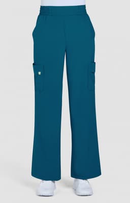 Teal cargo pants with a relaxed fit and side pockets, featuring a waistband for comfort and ease of movement.