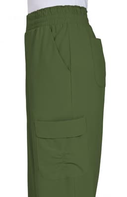 Ayla Pant in olive green featuring an elastic waistband and multiple pockets on the side.