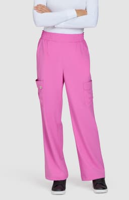 Ayla Pant in vibrant pink featuring an elastic waistband and cargo pockets, worn by a model with crossed arms.