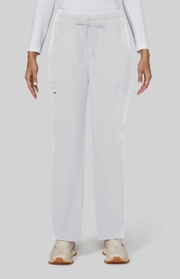 A pair of white wide leg pants with an elastic waistband and pockets, featuring a logo.