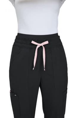 A pair of black wide leg pants with a pink drawstring, featuring side pockets and a logo.