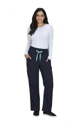 A pair of navy wide leg pants with a mint green drawstring, featuring pockets and a fitted waistband.