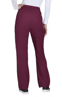 Freda Wide Leg Pant in burgundy, featuring a relaxed fit and pockets, with a view of the back.